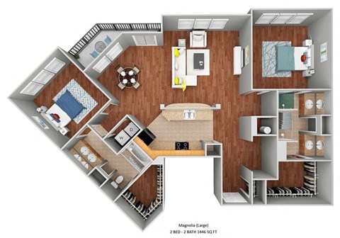 Floor plan for 2 beds, 2 baths, 1446 sqft